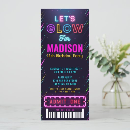 Glow Party Ticket Pass Geburtstag Einladung (Stehend Vorderseite)