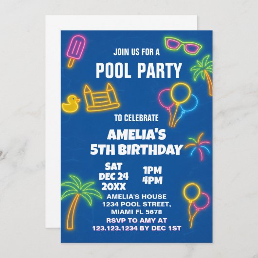 Glow Pool Party Einladung zum Geburtstag (Vorne/Hinten)