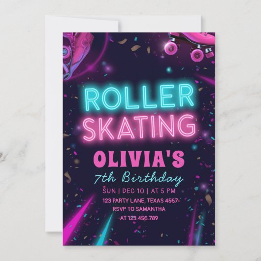 Glow Roller Skating Birthday | Neon Lights Party Einladung (Vorderseite)