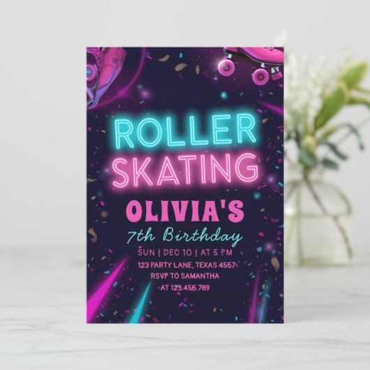 Glow Roller Skating Birthday | Neon Lights Party Einladung (Stehend Vorderseite)