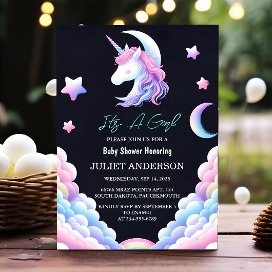 Glow Space Royal Pony Unicorn Baby Girl Dusche hin Einladung