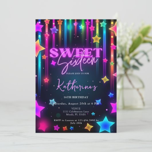 Glow Sweet 16 Sechzehn Retro 80er Neon Bright Einladung (Stehend Vorderseite)