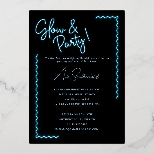 Glow The Future is Bright Fun Blue Neon Abschluss Folieneinladung (Rückseite)