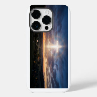 Glowing Christian Cross Sunset Sky iPhone Case 14 Pro Hülle