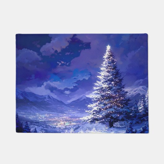 Glowing Christmas Tree Snowy Mountain Landscape Fußmatte (Vorderseite)