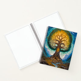 Glowing Gold Blue Yggdrasil Fantasy Tree Art Notizblock