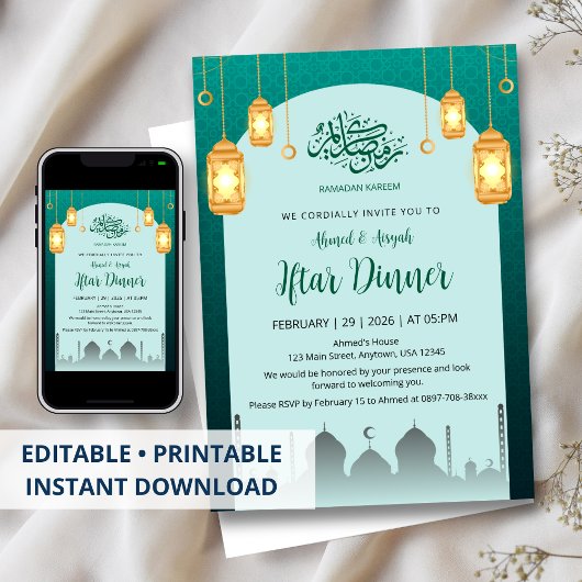 Glowing Golden Lanterns Teal Arch Iftar Invitation Einladung