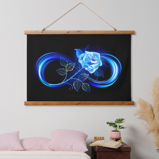 Glowing infinity with blue rose wandteppich mit holzrahmen (Schlafzimmer)