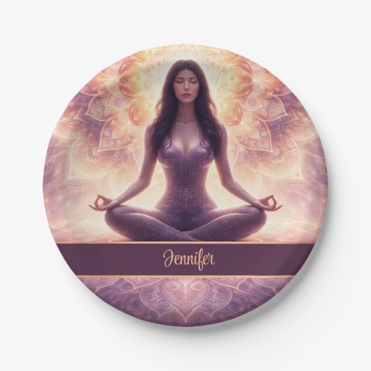 Glowing Mandala Meditation Woman Custom Name       Pappteller (Vorderseite)