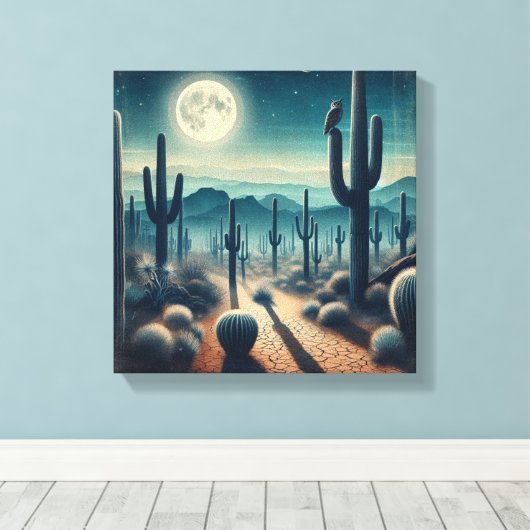 Glowing Moonlit Desert with Cactus and Fireflies Leinwanddruck (Insitu (Holzboden))