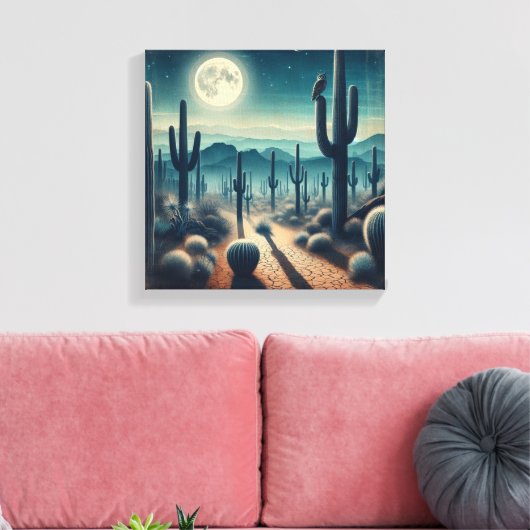 Glowing Moonlit Desert with Cactus and Fireflies Leinwanddruck (Insitu (Wohnzimmer))