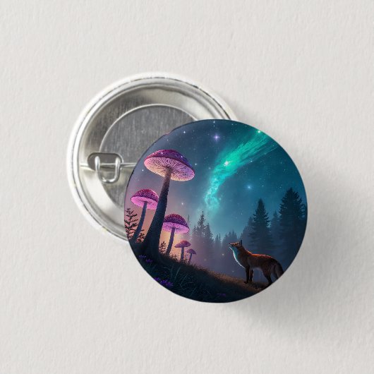 Glowing Mushroom Forest Fox Fantasy Art Button (Vorne & Hinten)