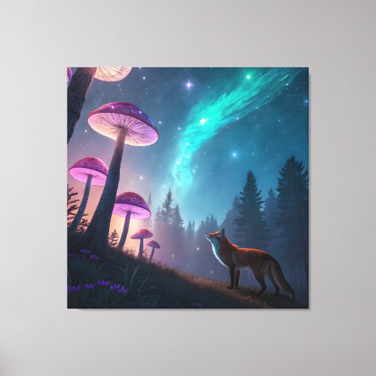 Glowing Mushroom Forest Fox Fantasy Art Leinwanddruck (Vorderseite)