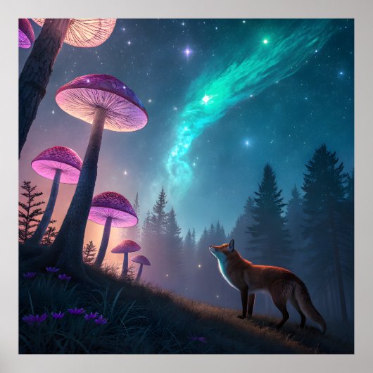 Glowing Mushroom Forest Fox Fantasy Art Poster (Vorne)