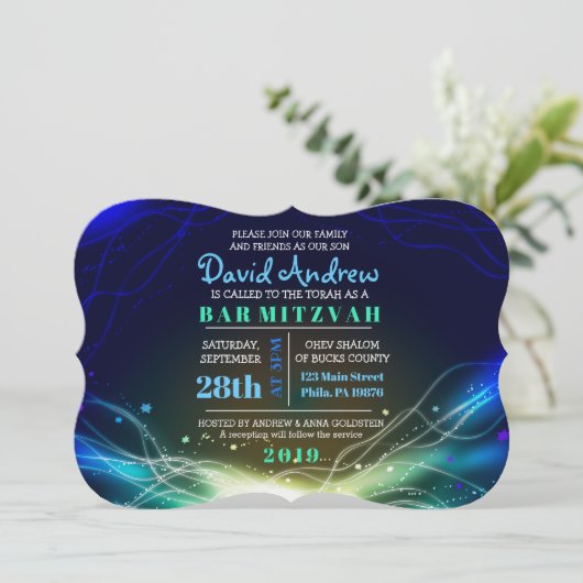GLOWING NEON STARS Bar Mitzvah Einladung blau (Stehend Vorderseite)