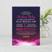 GLOWING NEON STARS FUSCHIA Bat Mitzvah Einladung (Stehend Vorderseite)