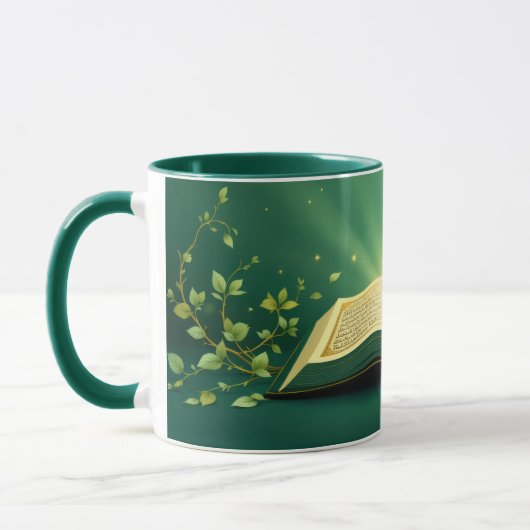 Glowing Open Quran Islamic Mug – Spiritual Green Tasse (Links)