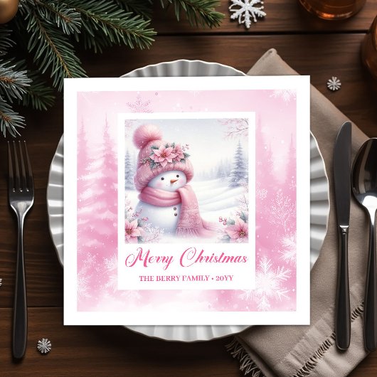 Glowing Pink Snowman Winter Forest Christmas Serviette