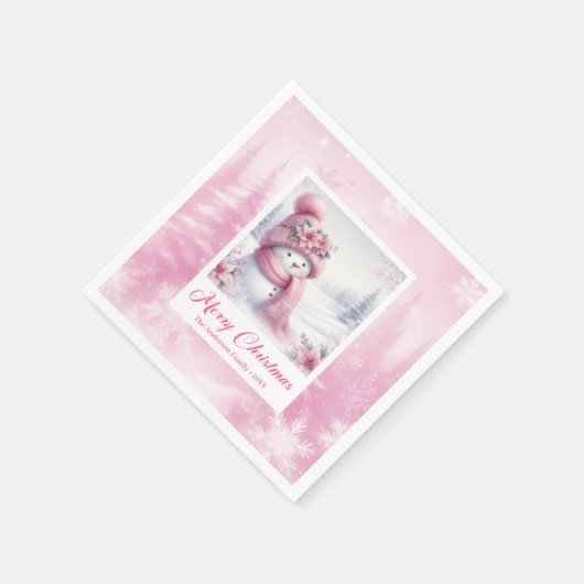 Glowing Pink Snowman Winter Forest Christmas  Serviette (Ecke)