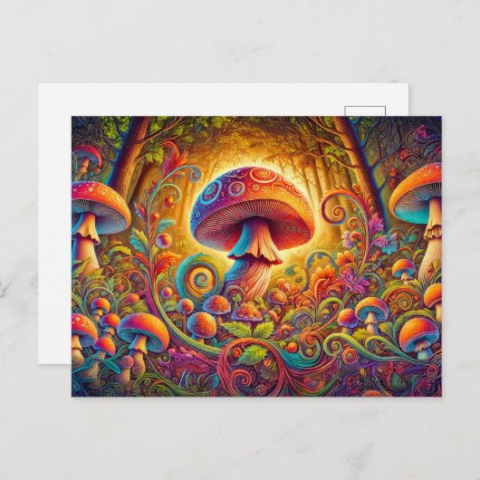glowing psychedelic mushroom in a magical landscap postkarte (Vorne/Hinten)