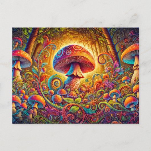 glowing psychedelic mushroom in a magical landscap postkarte (Vorderseite)