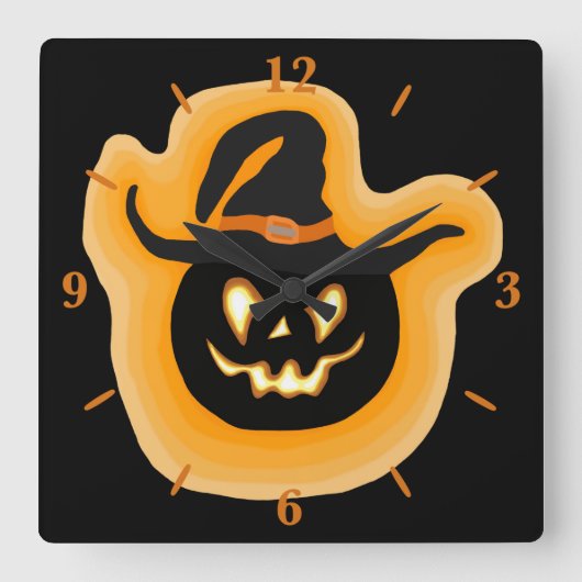 Glowing Pumpkin Witch On Black Square Wall Clock Quadratische Wanduhr (Vorderseite)