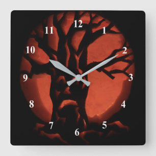 Glowing Scared Dead Tree Halloween Pumpkin Quadratische Wanduhr