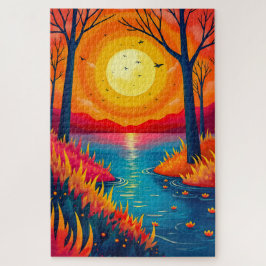 Glowing Sunset River Vibrant Nature Painting Puzzle