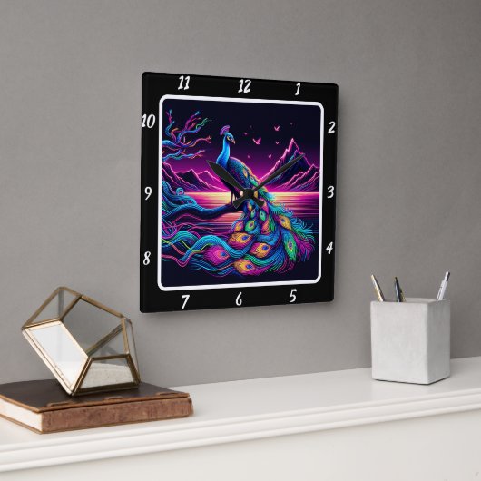 Glows Peacock Timepiece Quadratische Wanduhr (Büro)