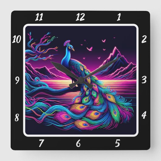 Glows Peacock Timepiece Quadratische Wanduhr (Vorderseite)
