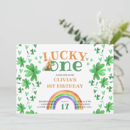 Glück 1 Kleeblatt 1. Geburtstag Einladung (Stehend Vorderseite)