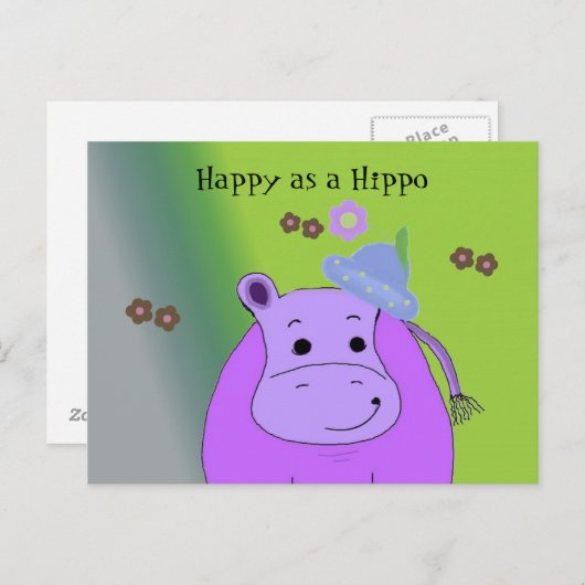 Glück als Hippo - Lila Hippopotamus Postkarte (Vorne/Hinten)