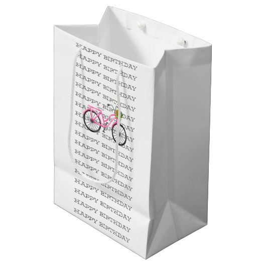 GLÜCK BIRTHDAY Preppy Pink Bicycle Summer Fun Mittlere Geschenktüte (Vorderseite Schrägansicht)