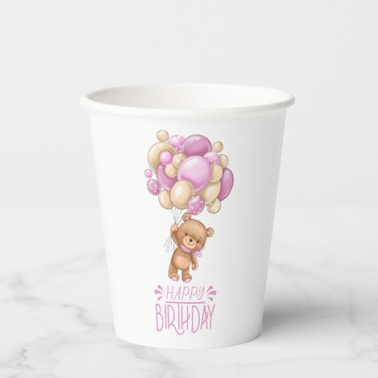 GLÜCK Geburtstag pink Teddy Pappbecher (Vorderseite)