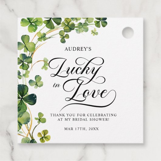 Glück in der Liebe Brautparty Grünes Kleeblatt Geschenkanhänger (Rückseite)