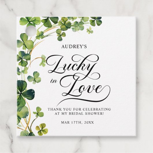 Glück in der Liebe Brautparty Grünes Kleeblatt Geschenkanhänger (Vorderseite)