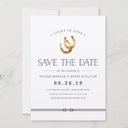 Glück in der Liebe | Rustikale Hufeisen Hochzeit Save The Date (Vorderseite)