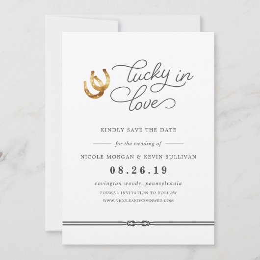 Glück in der Liebe | Rustikale Hufeisen Hochzeit Save The Date (Vorderseite)