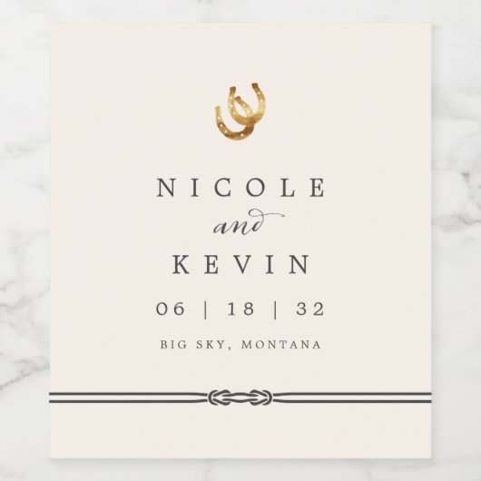 Glück in der Liebe | Rustikale Hufeisen Hochzeit Weinetikett (Einzelnes Label)