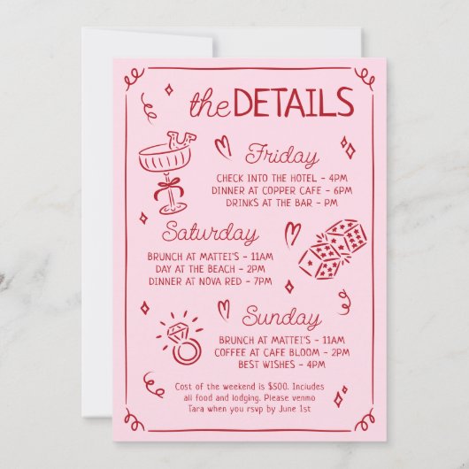 Glück in der Liebe Whimsical Hand Drawn Bacheloret Einladung (Rückseite)