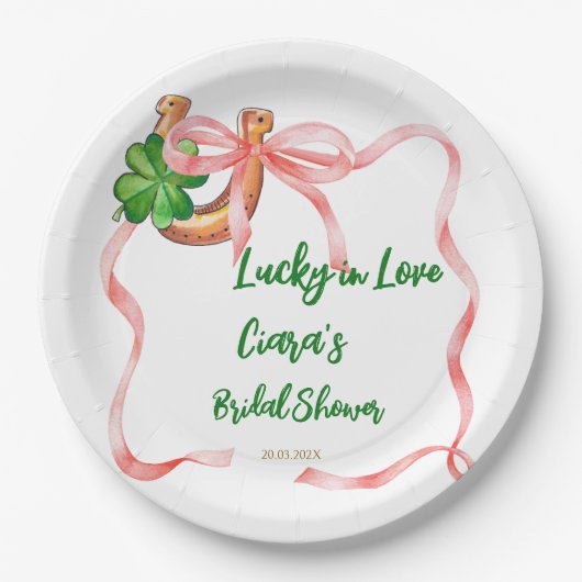 Glück in Liebe Kleeblatt Bänder Brautparty Pappteller (Vorderseite)