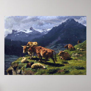 Glück - Rinder und Schafe in einer alpinen Landsch Poster