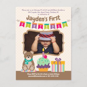 Glücklich 1. Geburtstag Teddybear Cupcake Bunting  Einladungspostkarte