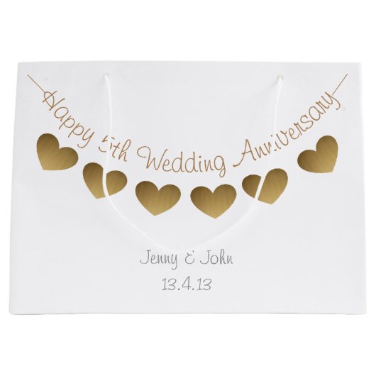 Glücklich 5. Hochzeitstag, Holzherzen Große Geschenktüte (Vorderseite)