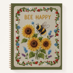 Glücklich bestickte Hummel und Sonnenblumen Blumen Notizblock