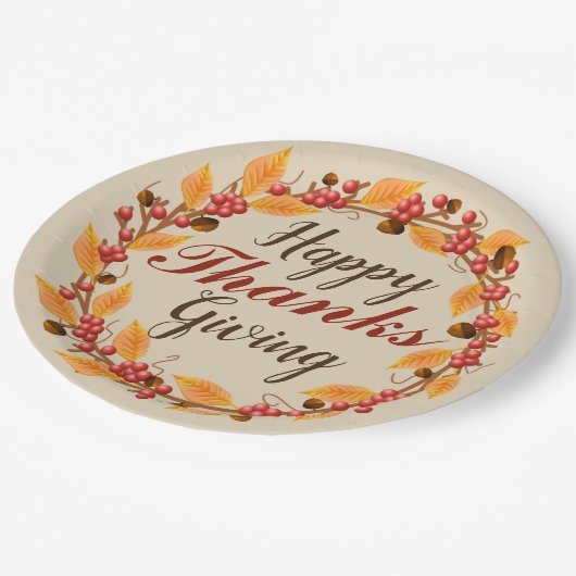 Glücklich dank Herbstverlustes Kranz Pappteller (Schrägansicht)