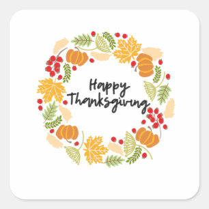 GLÜCKLICH DANKSGIVING, Erntedank Kranz, Niedlich Quadratischer Aufkleber