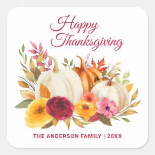 GLÜCKLICH DANKSGIVING WATERCOLOR FLORAL PUMPKIN P QUADRATISCHER AUFKLEBER