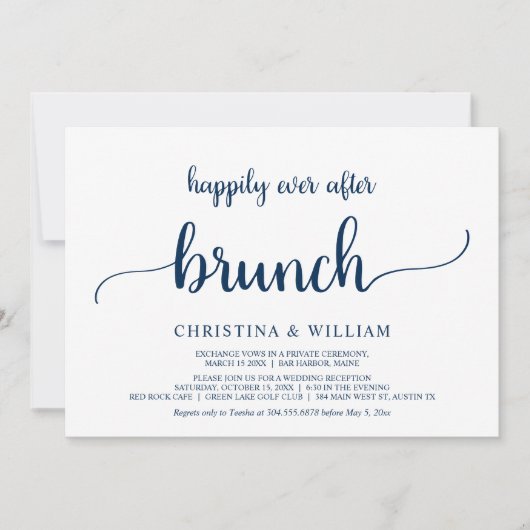 Glücklich immer nach Brunch, Elopement, Navy Blue Einladung (Vorderseite)