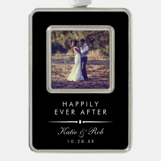 glücklich immer nach | Modernes elegantes Hochzeit Rahmen-Ornament Silber (Vorderseite)